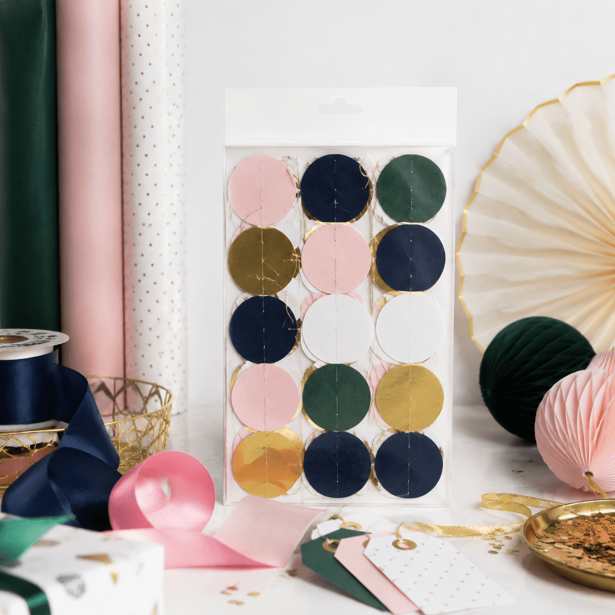 Paper Garland Kit — String-your-own paper disc garland for shelves and tables.
