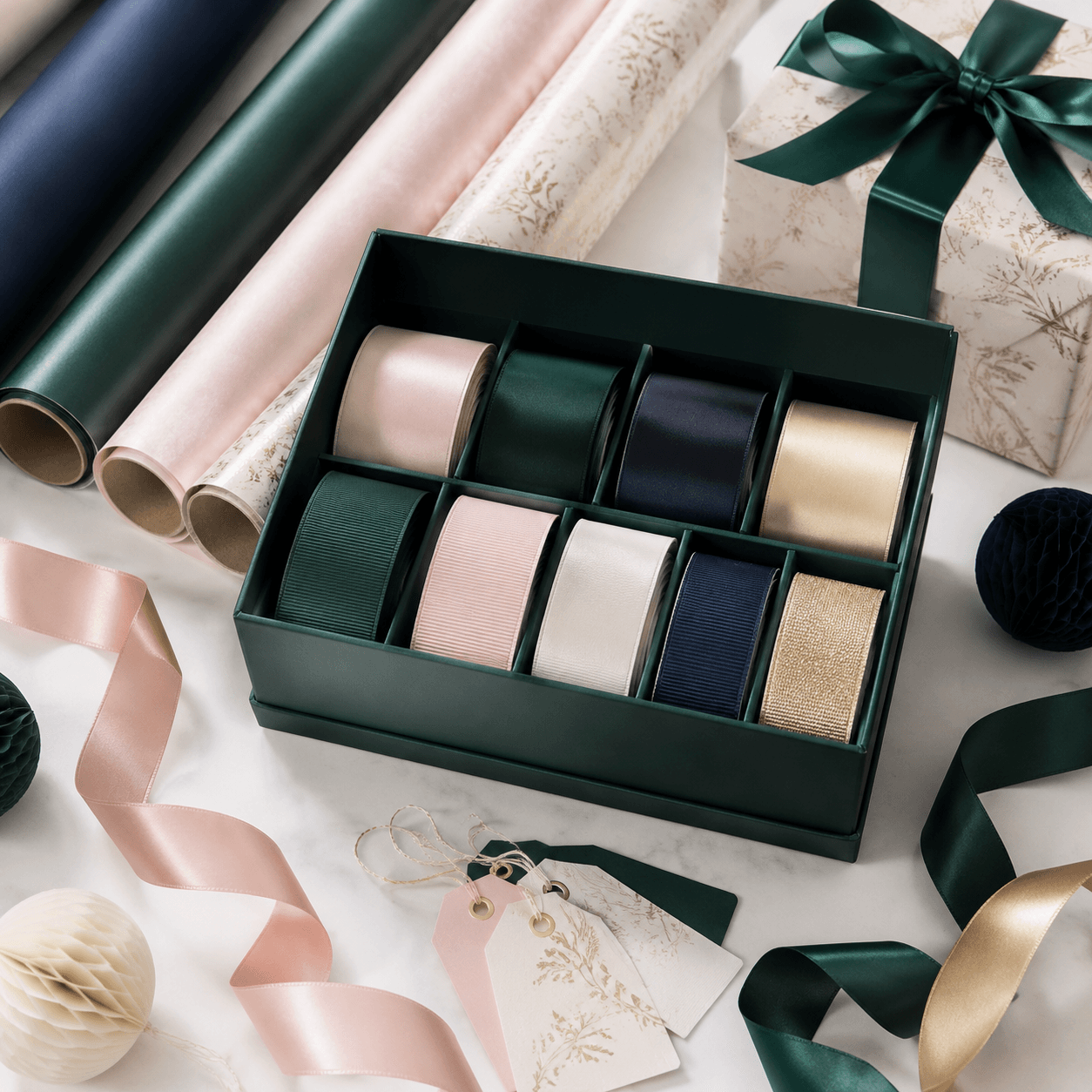 Ribbon Library Box — A keep-and-reuse box of satin and grosgrain ribbon spools.