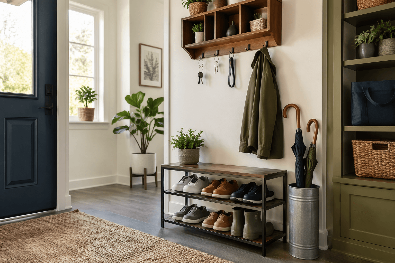 Bright modern entryway with shoe rack, key shelf and umbrella stand