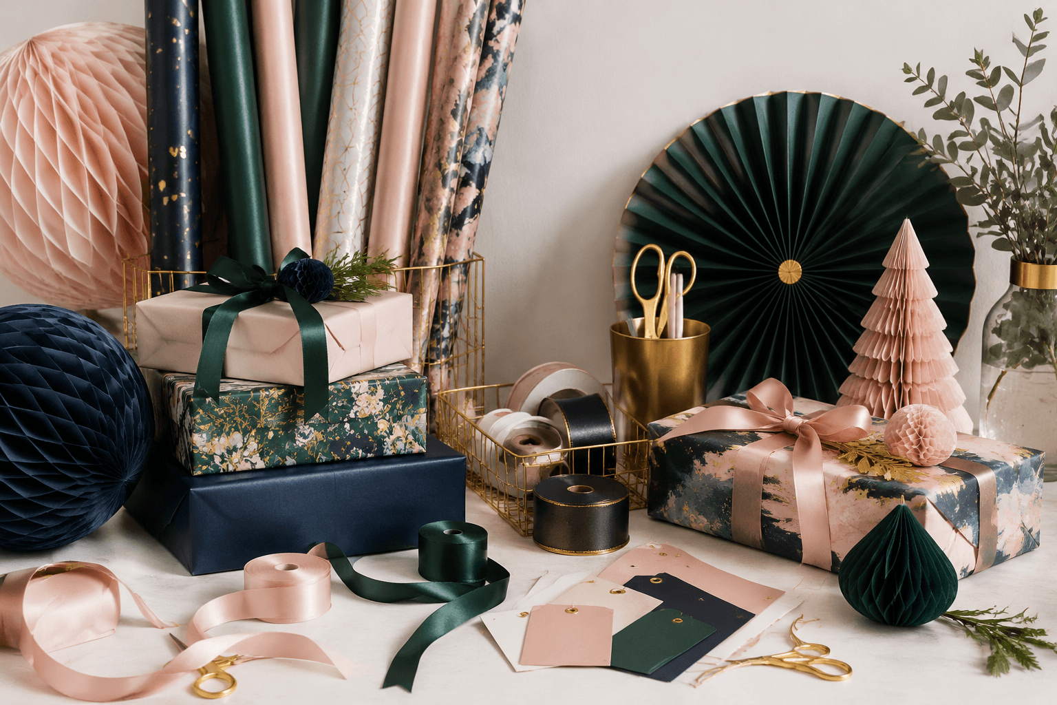 A styled gift wrapping station with paper rolls, ribbons, gift tags, and tabletop paper decor in soft daylight