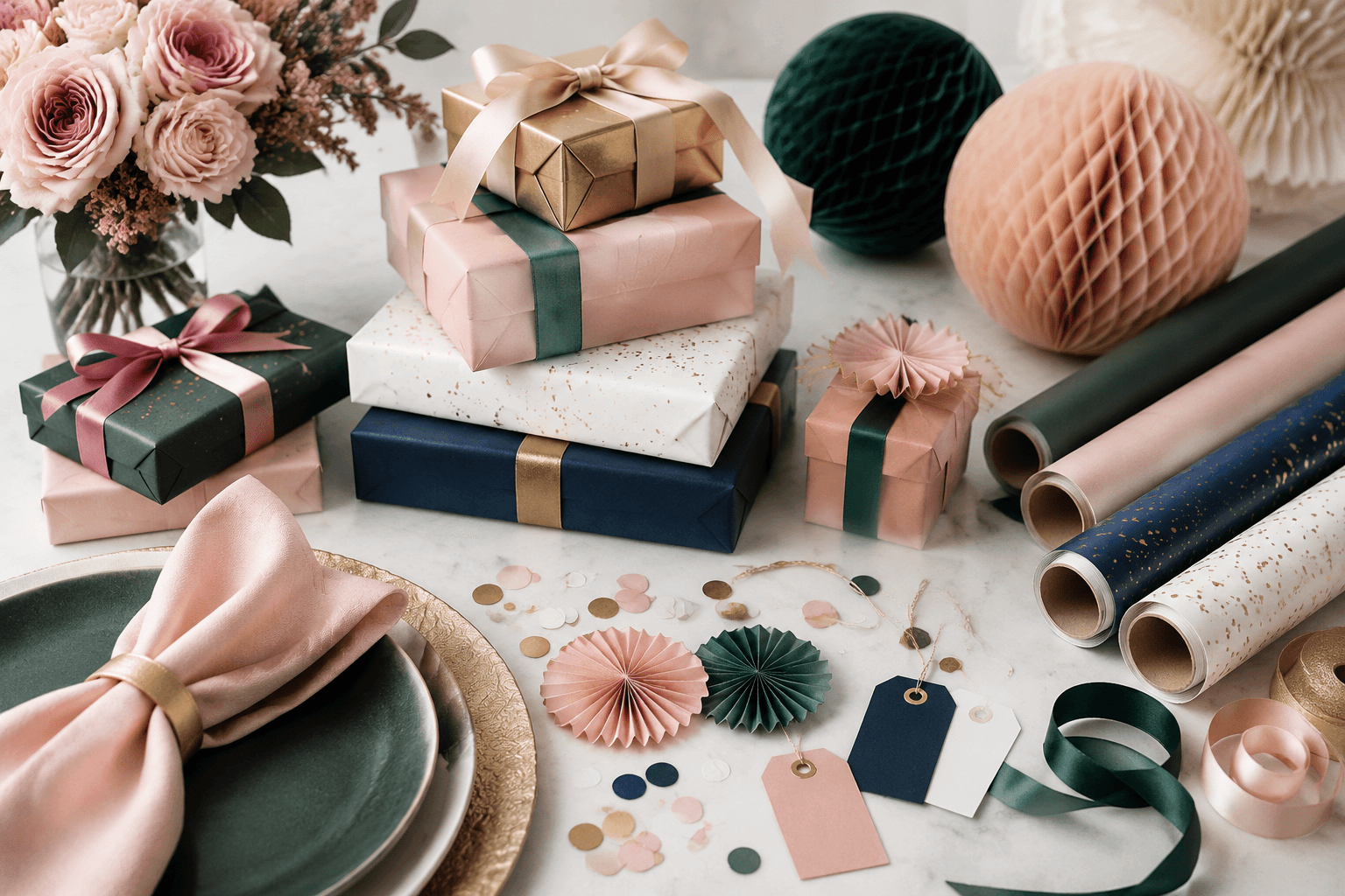 Styled gifting scene with wrapping paper, ribbon, and tabletop paper decor